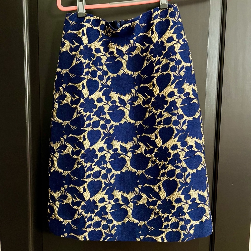 J. Crew Jacquard Blue and Metallic Gold Floral Midi Skirt